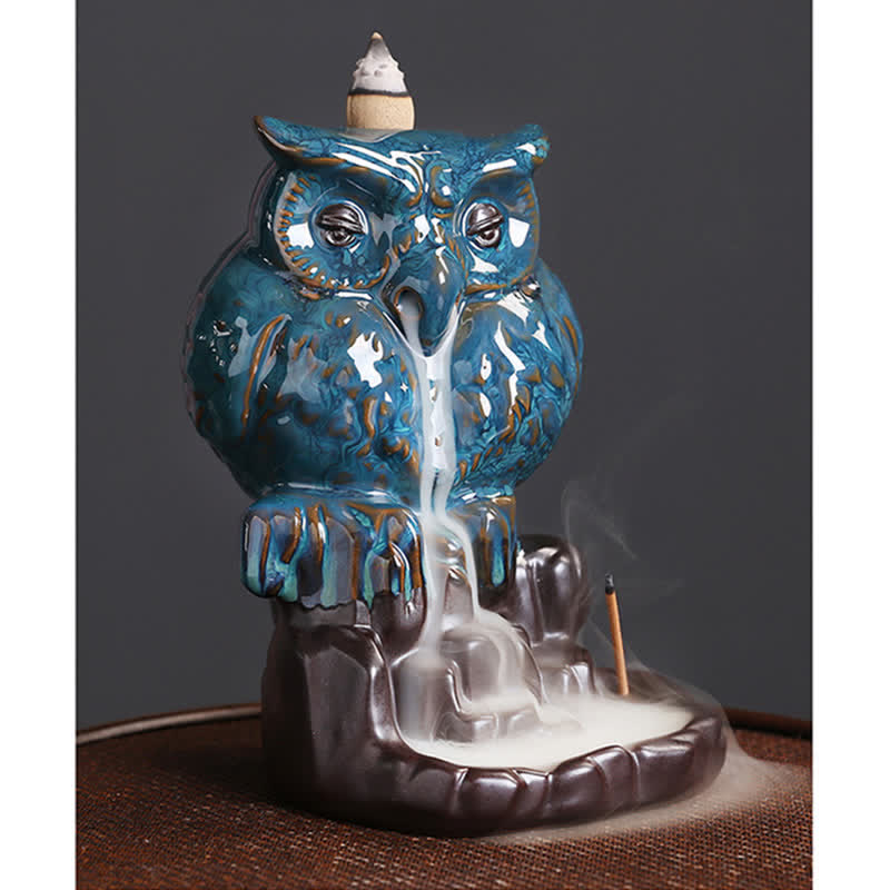 Nimara Ritual Cute Owl Ceramic Backflow Smoke Fountain Meditation Healing Incense Burner Decoration