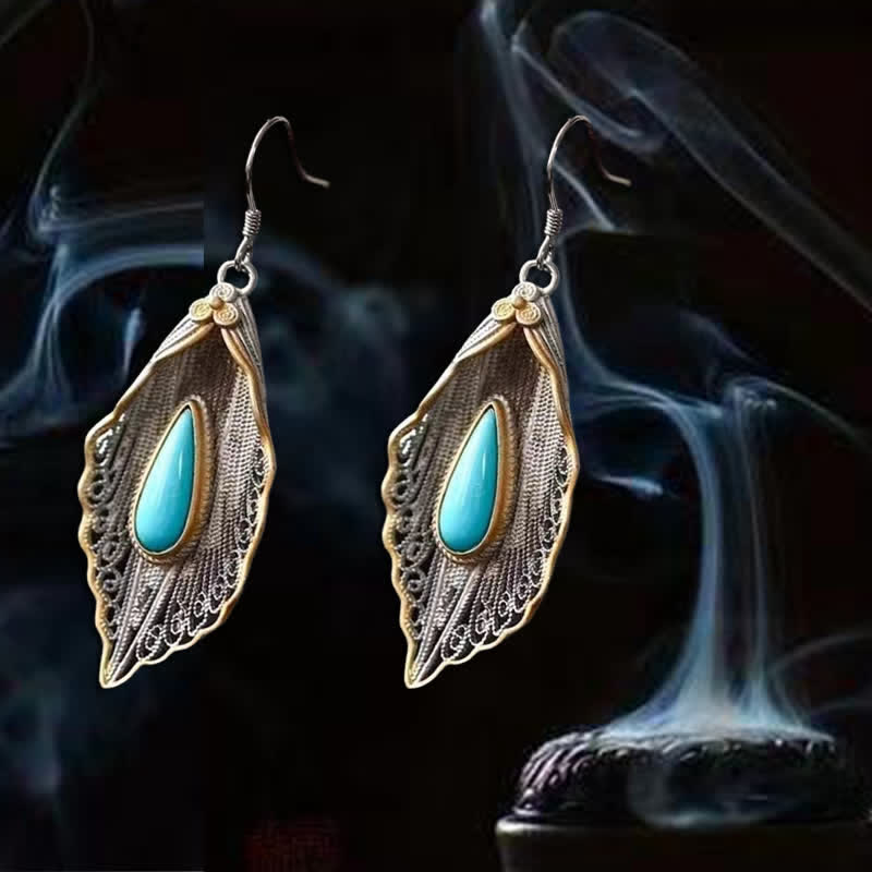 Nimara Ritual 925 Sterling Silver Turquoise Bodhi Leaf Pattern Protection Drop Dangle Earrings