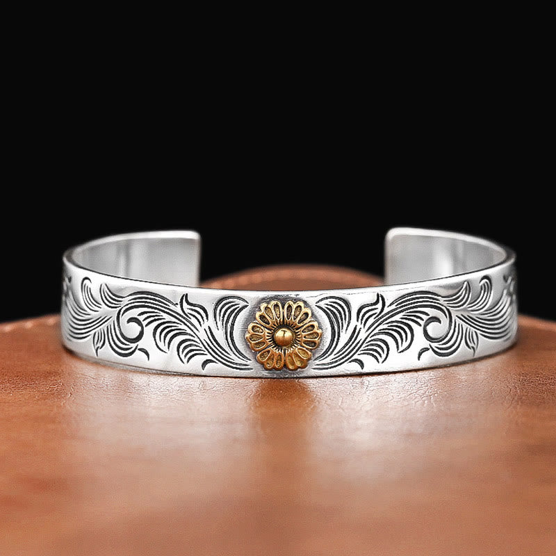 Nimara Ritual Tang Dynasty Flower Design Rose Flower Feather Carved Copper Luck Bracelet Bangle