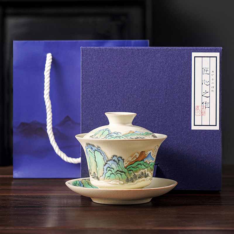 Nimara Ritual A Panorama of Rivers and Mountains Flowers Ceramic Gaiwan Sancai Teacup Kung Fu Tea Cup And Saucer With Lid