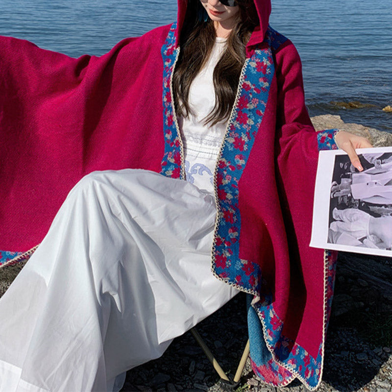 Nimara Ritual Tibetan Shawl Border Small Floral Flower Hooded Cloak Winter Cozy Travel Scarf Wrap