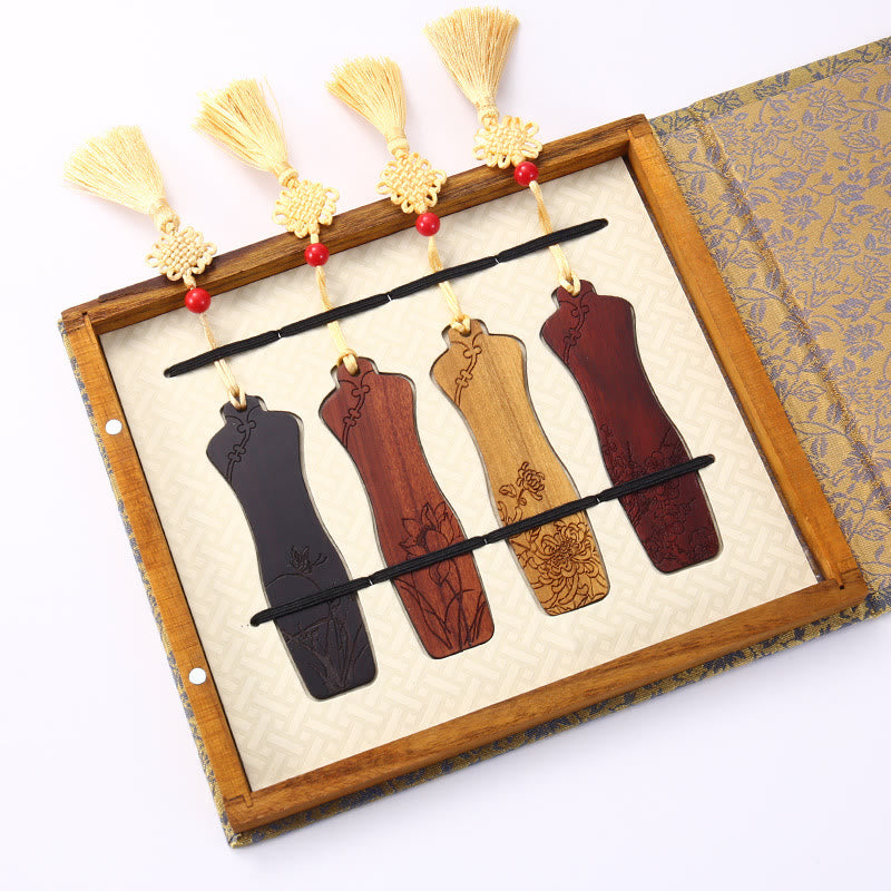 Nimara Ritual 4Pcs Four Seasons Plum Orchid Bamboo Chrysanthemum Peking Opera Mask Wood Bookmarks With Gift Box