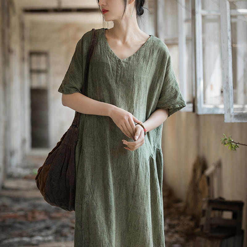 Nimara Ritual Handmade Tie Dye V-Neck Midi Dress Linen Short Sleeve Dress