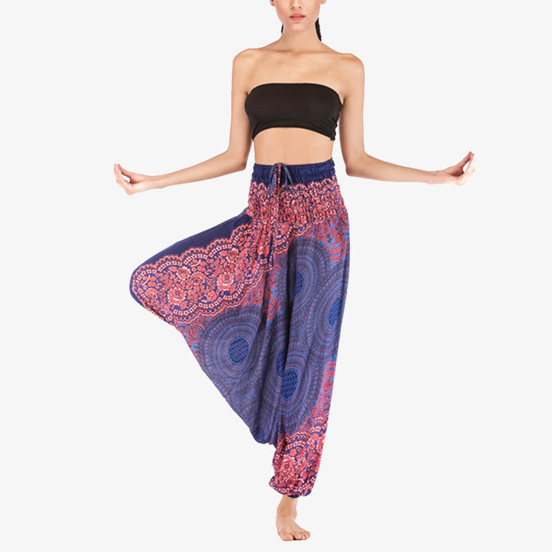 Nimara Ritual Two Style Wear Round Geometric Pattern Loose Smocked Harem Trousers Jumpsuit High Waist Women's Yoga Pants