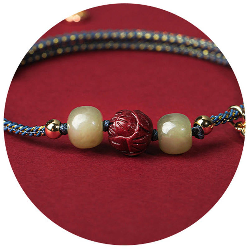Nimara Ritual 14K Gold Plated Hetian Jade Cinnabar Lotus Luck Handcrafted Rope Bracelet