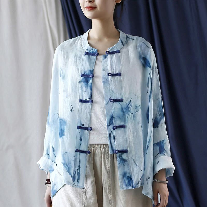 Nimara Ritual Tie Dye Blue Flowers Frog-Button Design Long Sleeve Ramie Linen Jacket Shirt