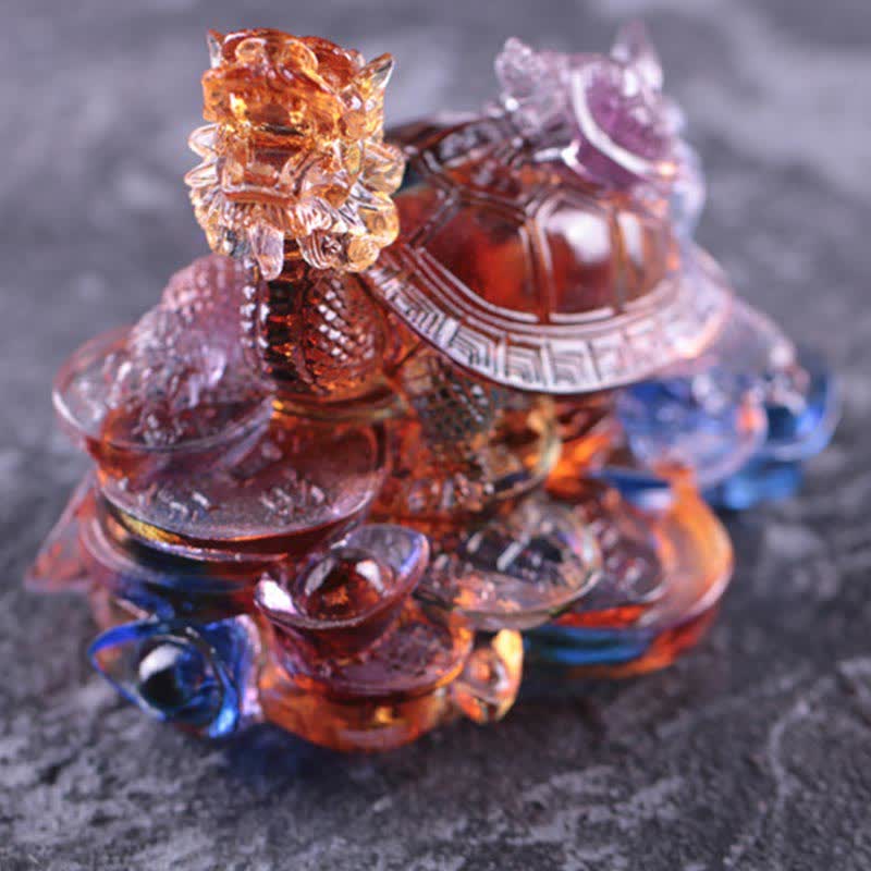 Nimara Ritual Feng Shui Dragon Turtle Coins Handmade Liuli Crystal Luck Art Piece Home Office Decoration