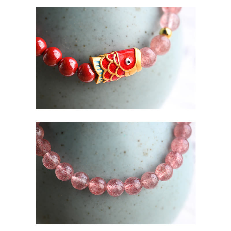 Nimara Ritual Natural Strawberry Quartz Cinnabar Lucky Koi Fish Healing Bracelet