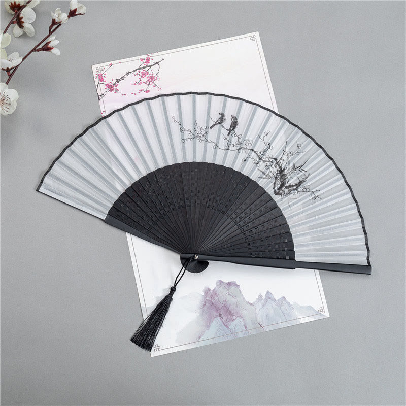Nimara Ritual Mountains Plum Blossom Lotus Magpie Bamboo Leaves Handheld Silk Bamboo Folding Fan 22.5cm