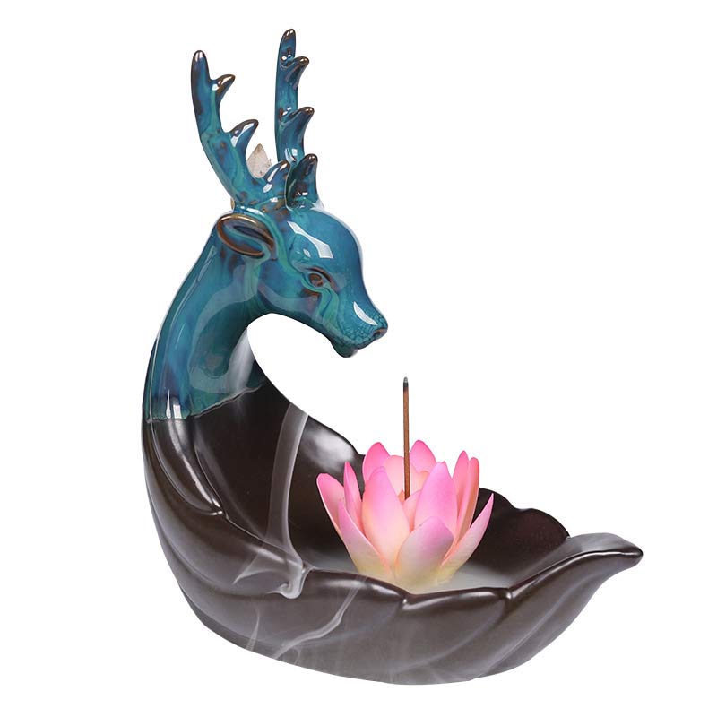 Nimara Ritual Little Deer Ceramic Lotus Meditation Incense Burner Decoration