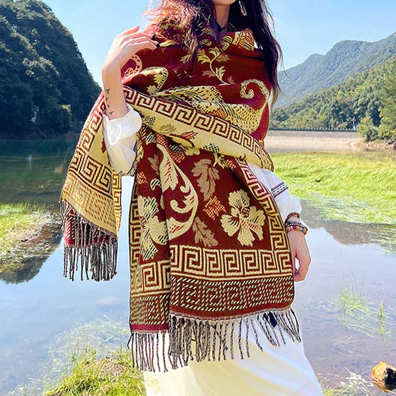 Nimara Ritual Tibetan Flowers Leaves Pattern Design Shawl Cozy Travel Scarf Wrap