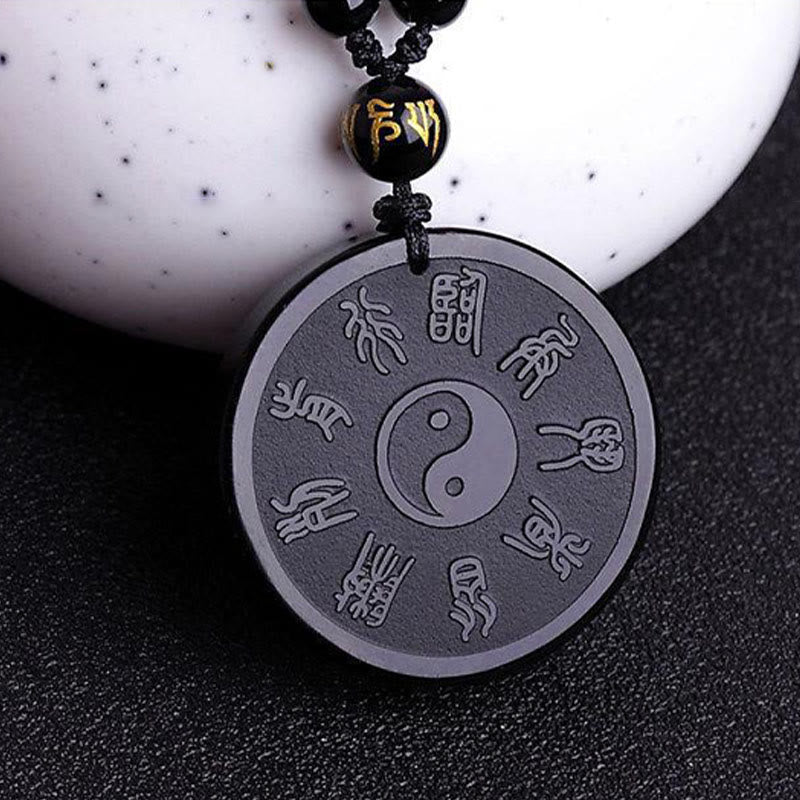 Nimara Ritual Natural Black Obsidian Taoism Five Sacred Mountains Nine-Character Mantra Carved Strength Yin Yang Necklace Pendant Key Chain