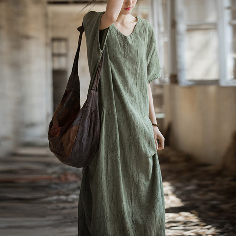 Nimara Ritual Handmade Tie Dye V-Neck Midi Dress Linen Short Sleeve Dress