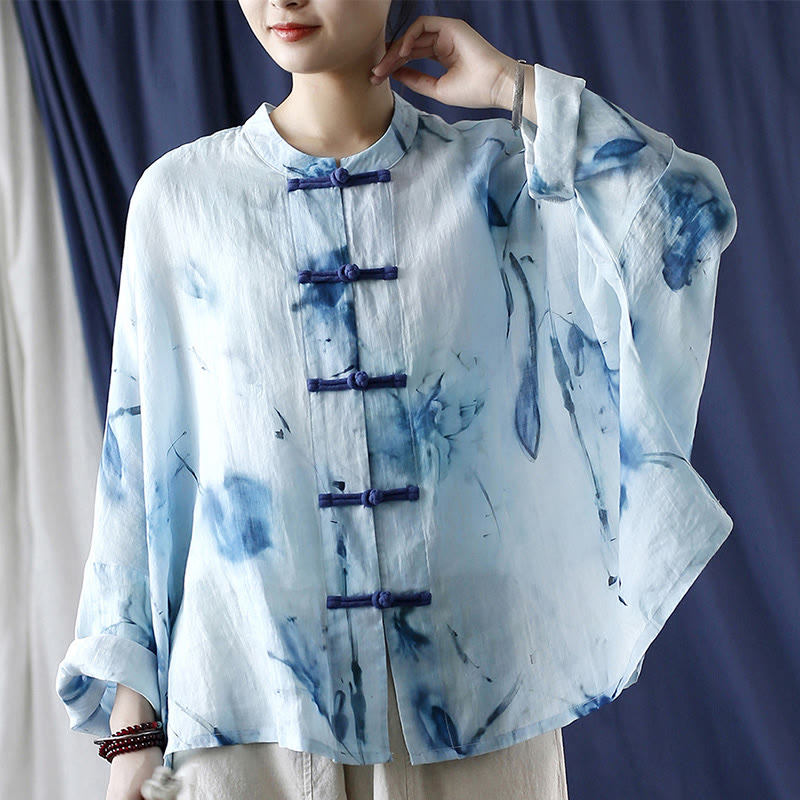Nimara Ritual Tie Dye Blue Flowers Frog-Button Design Long Sleeve Ramie Linen Jacket Shirt