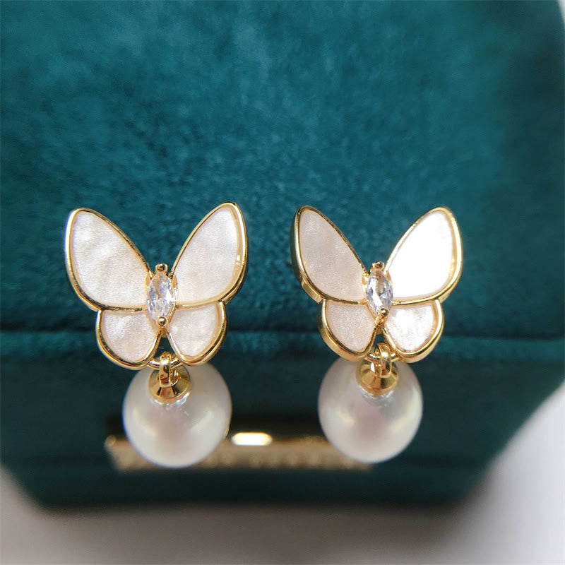 Nimara Ritual 925 Sterling Silver Posts 18K Gold Plated Copper Pearl Butterfly Optimism Stud Earrings