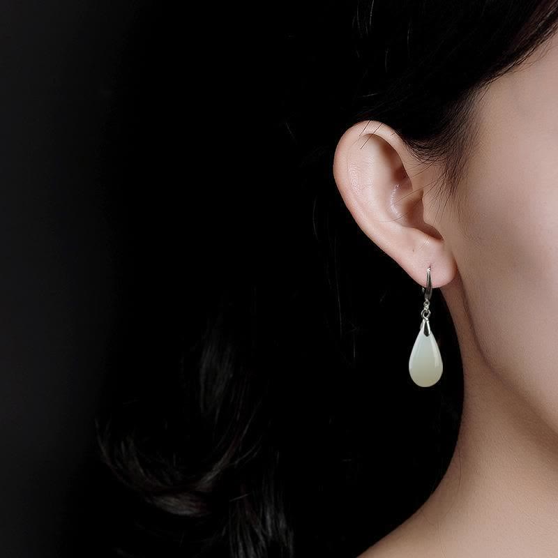 Nimara Ritual Hetian White Jade Water Drop Luck Blessing Dangle Earrings