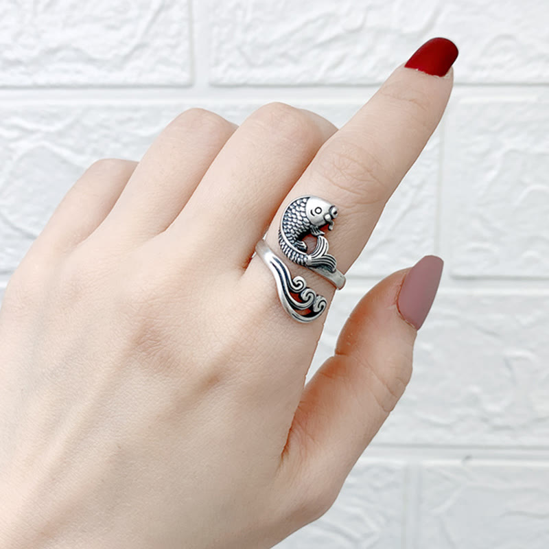 Nimara Ritual 925 Sterling Silver Koi Fish Water Ripple Luck Wealth Ring