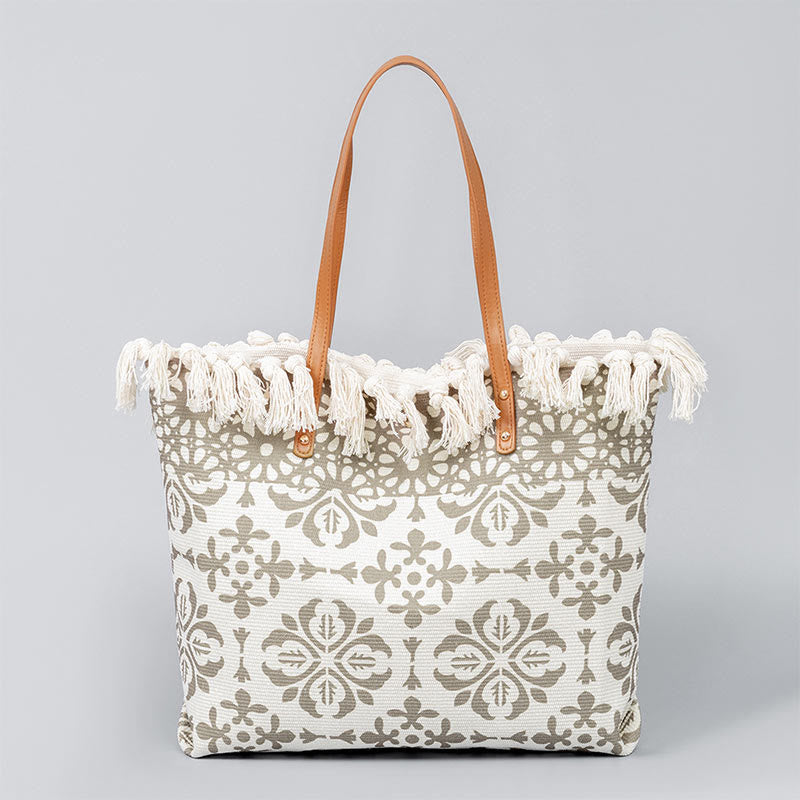 Nimara Ritual Large Capacity Boho Geometry Print Tassel Canvas Tote Shoulder Bag