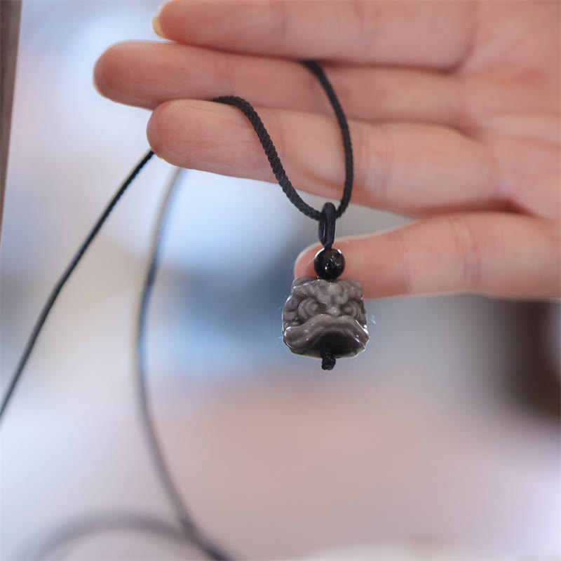 Nimara Ritual Natural Silver Sheen Obsidian Dancing Lion Protection Necklace Pendant
