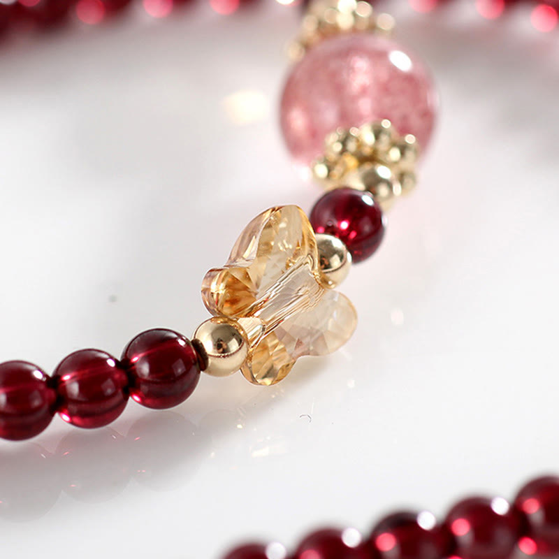 Nimara Ritual 14K Gold Plated Natural Garnet Strawberry Quartz Butterfly Protection Double Wrap Bracelet