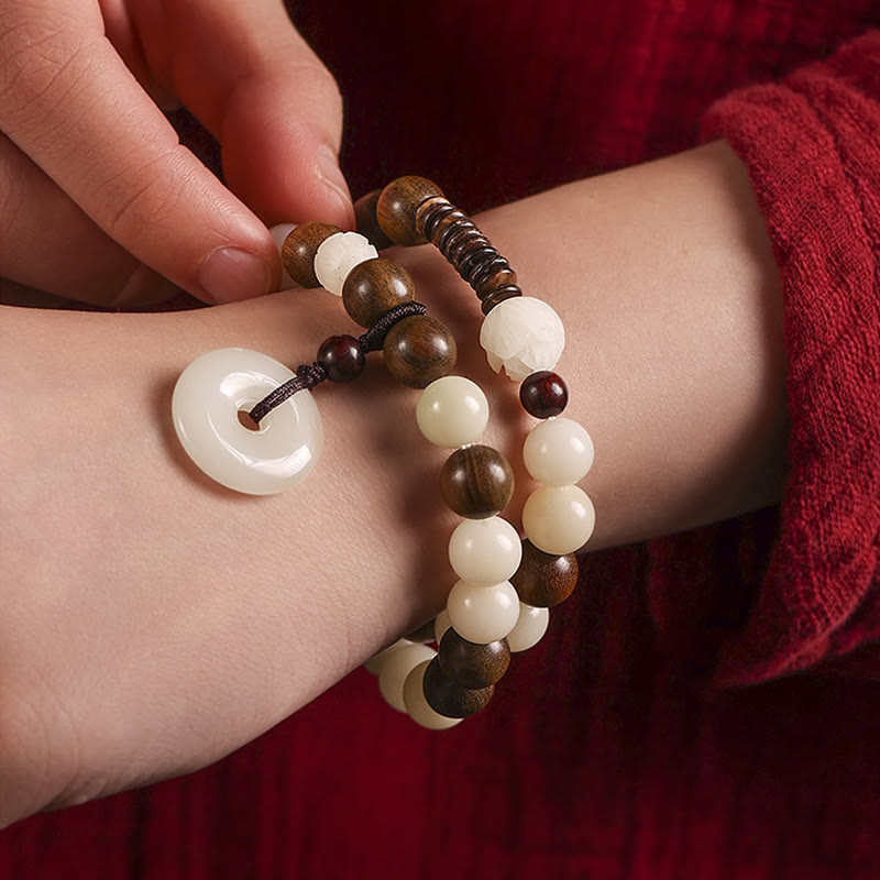 Nimara Ritual Bodhi Seed Green Sandalwood Lotus Peace Buckle Harmony Double Wrap Bracelet