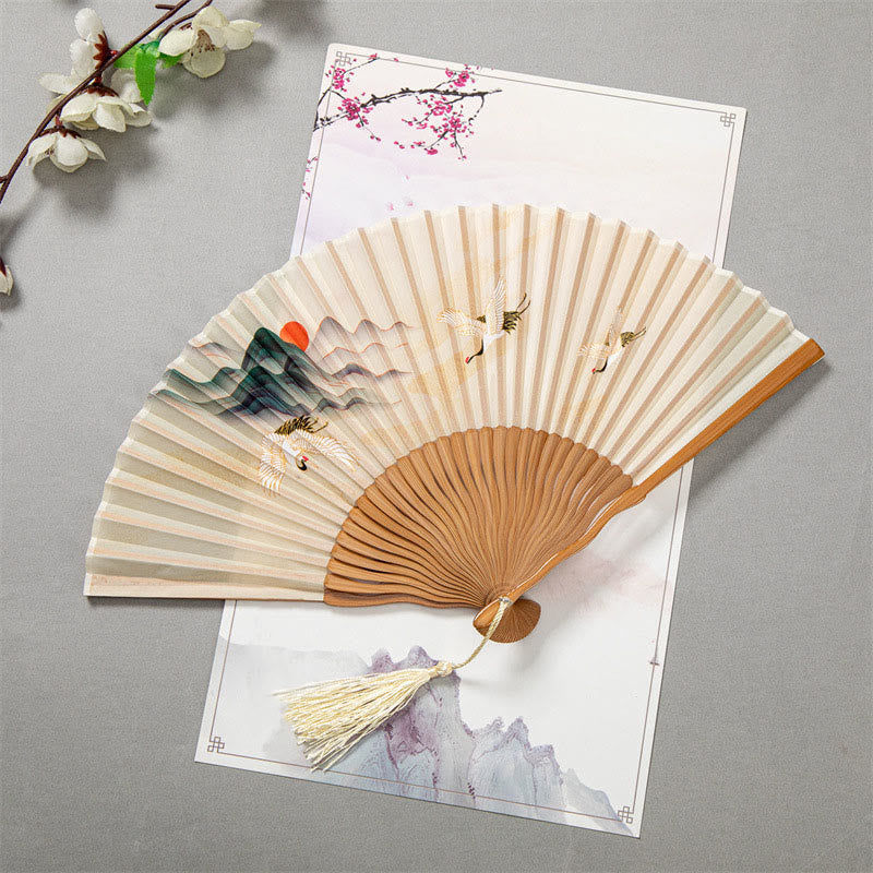 Nimara Ritual Flying White Crane Sun Cloud Handheld Silk Bamboo Folding Fan 22cm