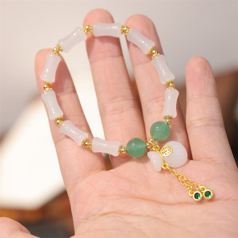 Nimara Ritual Natural White Golden Silk Jade Bamboo Pattern Wealth Lucky Bag Fu Character Bracelet