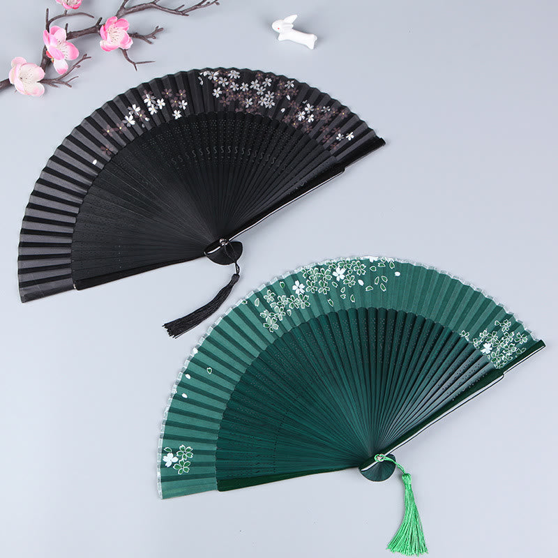 Nimara Ritual Cherry Blossom Sakura Camellia Handheld Silk Bamboo Folding Fan 21cm