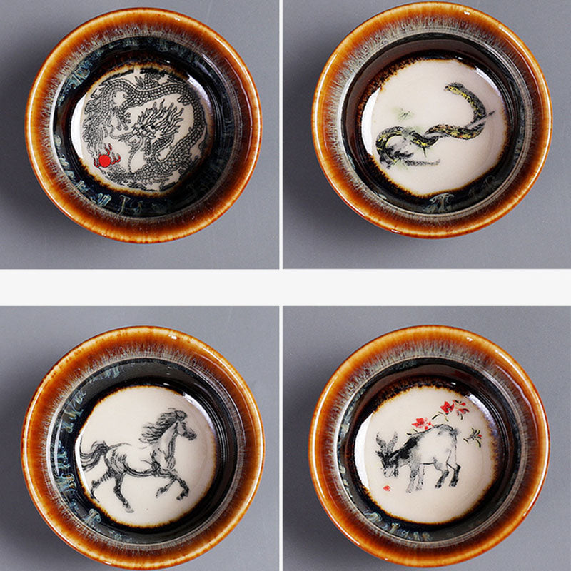 Nimara Ritual 12 Chinese Zodiac Pattern Ceramic Teacup Kung Fu Jian Chinese Zhan Tea Cup 73ml