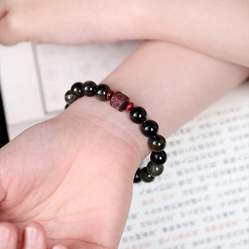 Nimara Ritual Natural Gold Sheen Obsidian Rainbow Obsidian Om Mani Padme Hum Fu Character Healing Bracelet