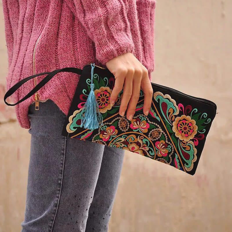 Nimara Ritual Dragon Butterfly Cosmos Flower Embroidery Wallet Shopping Purse