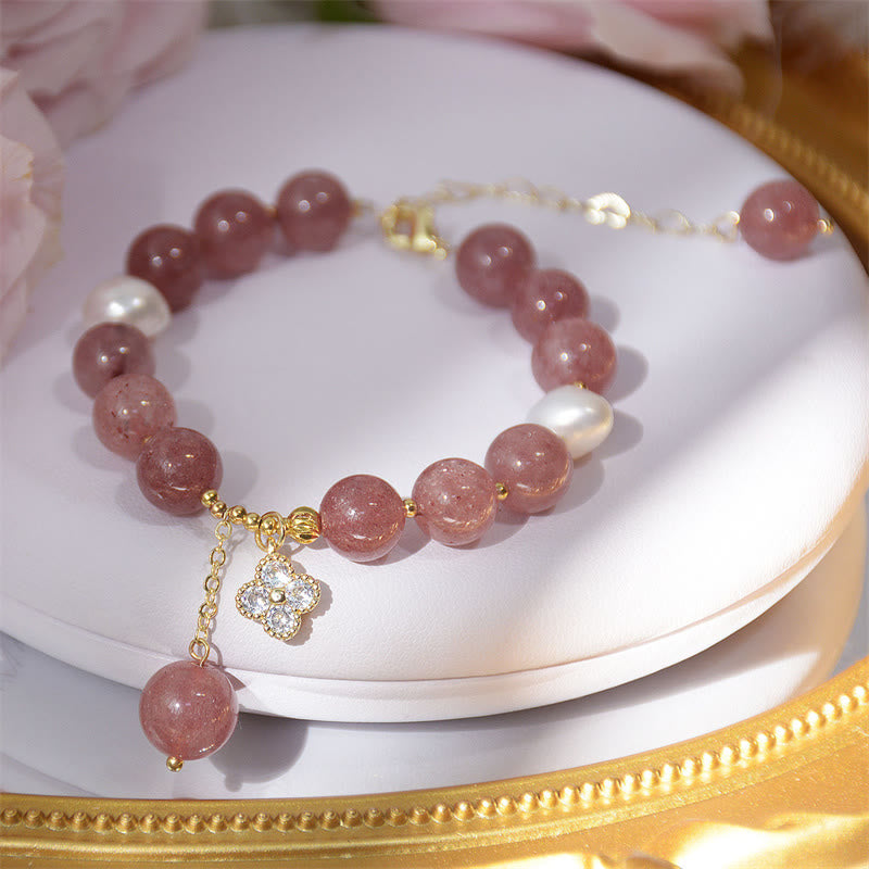 Nimara Ritual Natural Strawberry Quartz Pearl Four Leaf Clover Love Bracelet