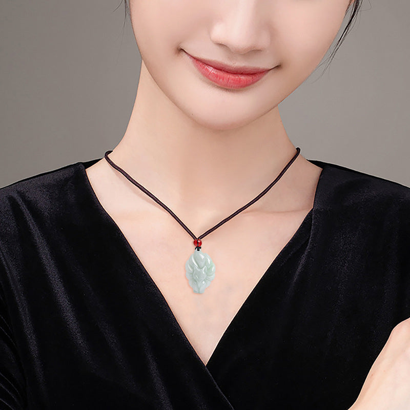 Nimara Ritual Natural Jade Nine Tailed Fox Luck Prosperity Necklace Pendant