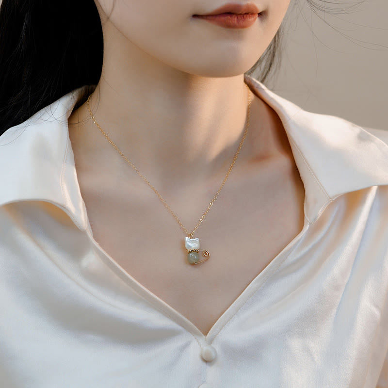 Nimara Ritual 14K Gold Plated Pearl Hetian Jade Shell Luck Cat Kitten Necklace Pendant