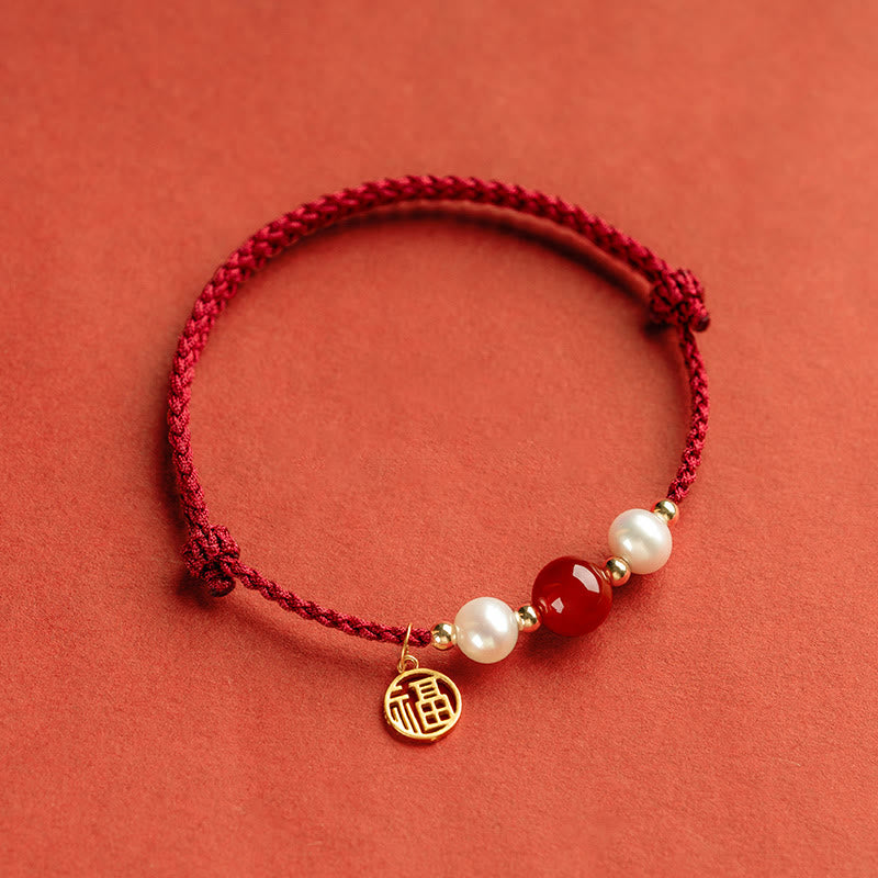 Nimara Ritual 925 Sterling Silver Good Fortune Fu Character Agate Pearl Red String Braid Bracelet