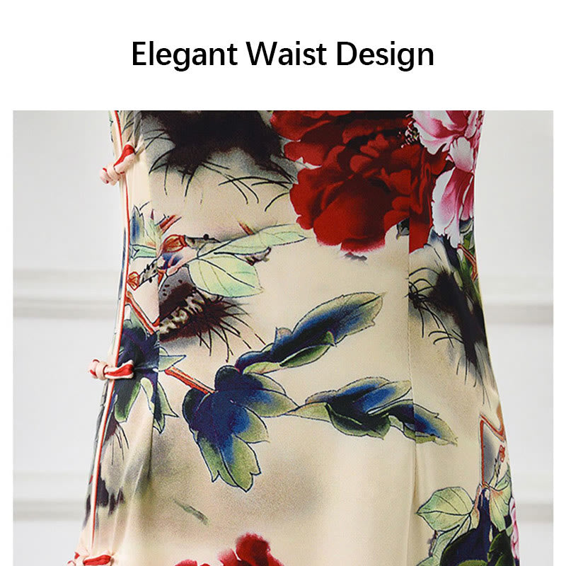 Nimara Ritual Peony Flower Print Cheongsam Dress Women's Qipao