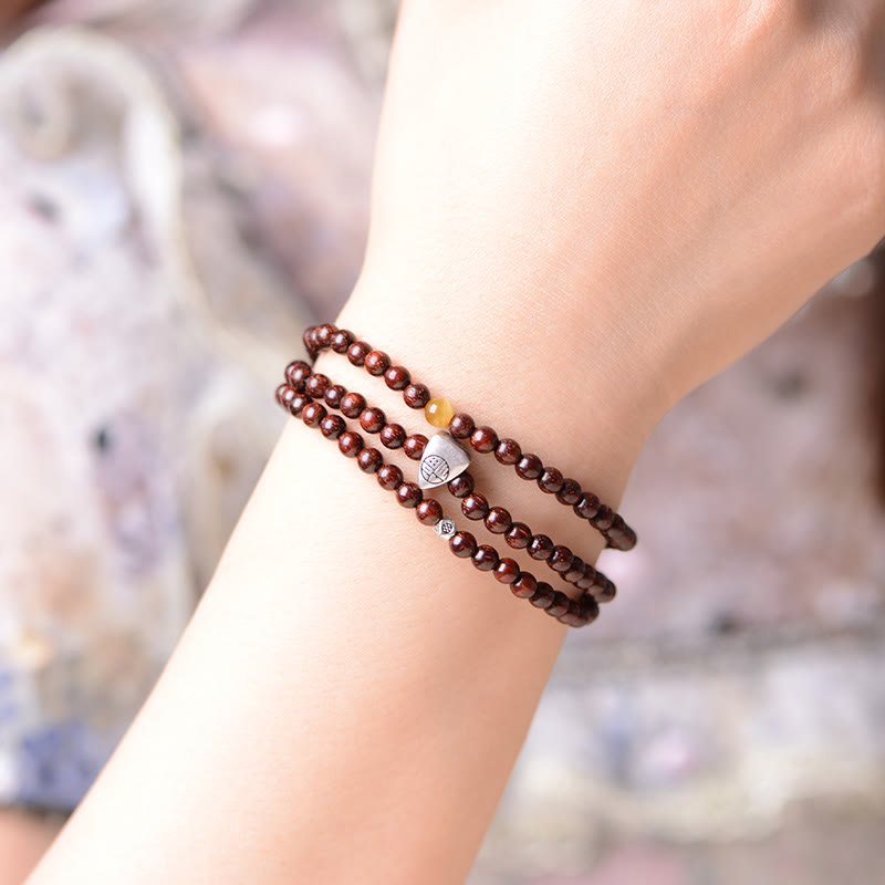 Nimara Ritual 925 Sterling Silver Indian Small Leaf Red Sandalwood Fu Character Protection Triple Wrap Bracelet