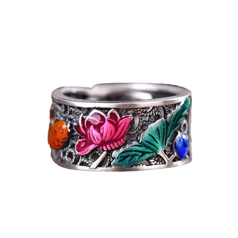 Nimara Ritual Copper Blue Enamel Lotus Heart Sutra Koi Fish Luck Ring