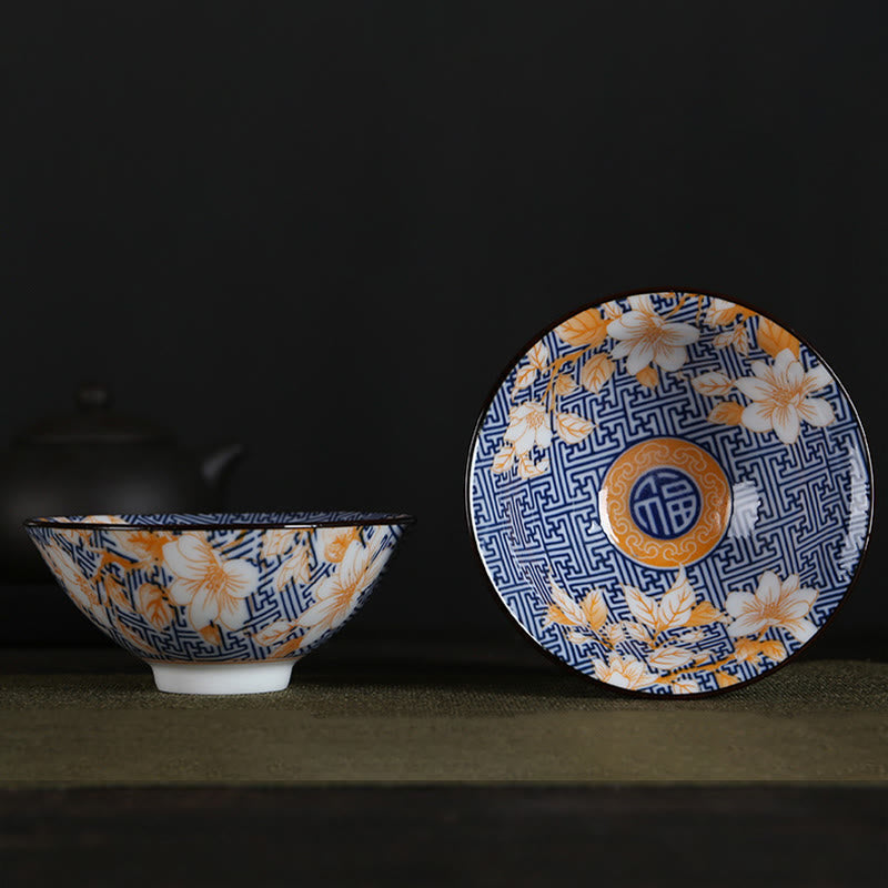 Nimara Ritual Flowers Fu Character Mountains Lotus Cherry Blossoms Ceramic Teacup Kung Fu Tea Cup