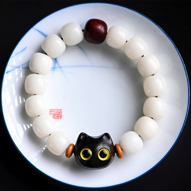 Nimara Ritual Natural Bodhi Seed Small Leaf Red Sandalwood Ebony Wood Cute Lucky Cat Wisdom Bracelet