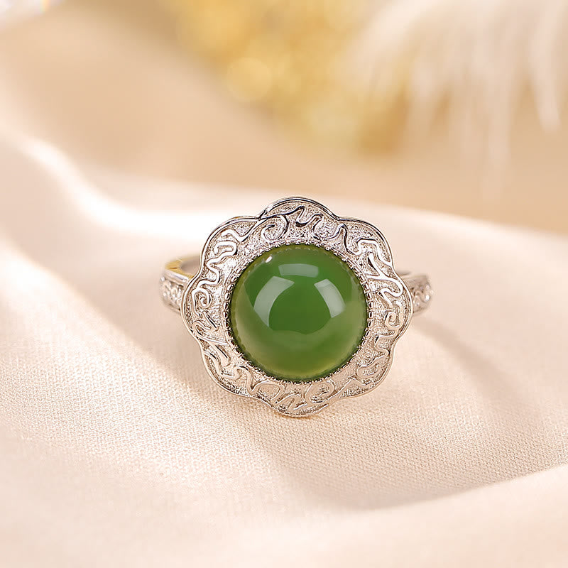 Nimara Ritual 925 Sterling Silver Hetian Cyan Jade Flower Design Luck Adjustable Ring