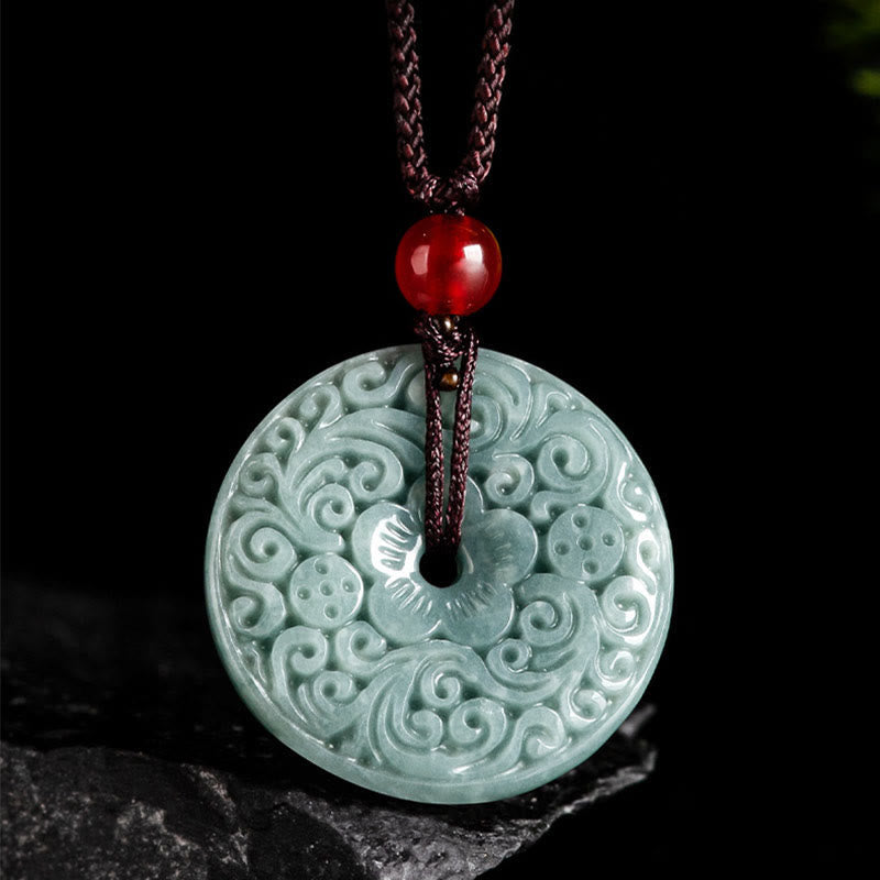 Nimara Ritual Green Jade Flower Carved Peace Buckle Abundance Necklace Pendant