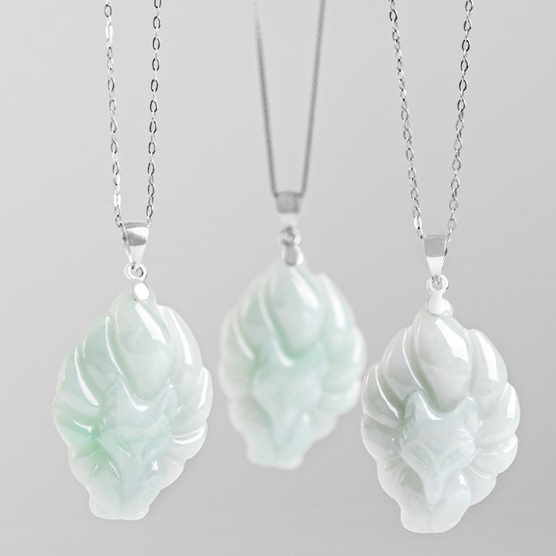 Nimara Ritual Natural Jade Nine Tailed Fox Prosperity Titanium Steel Chain Necklace Pendant