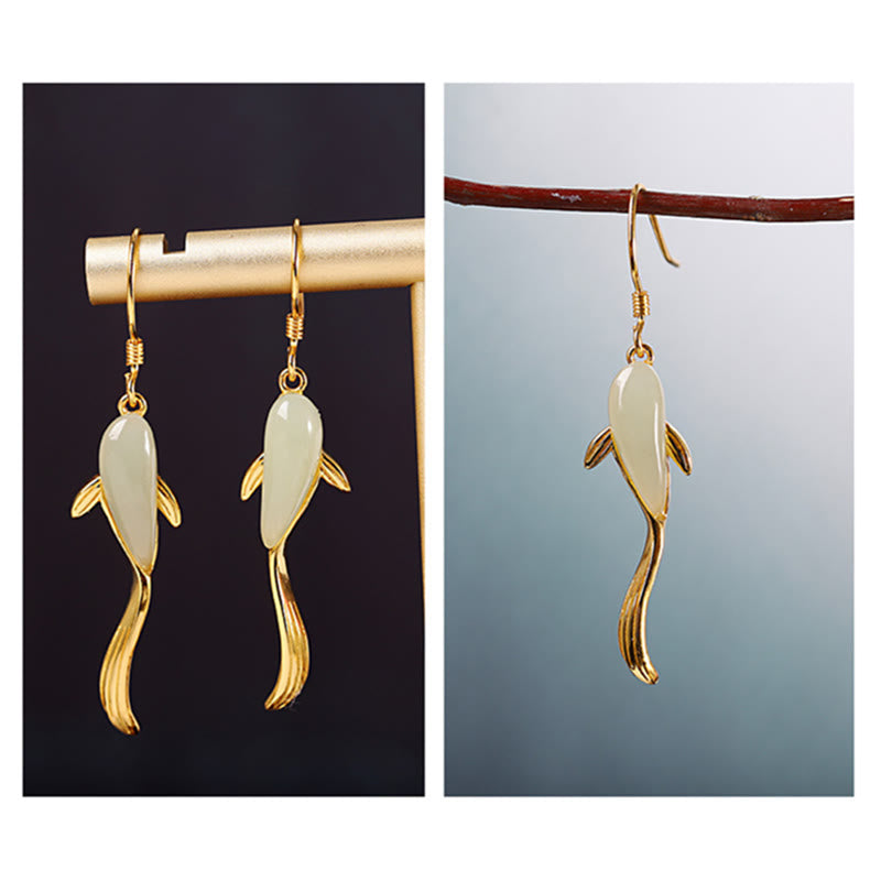 Luck and Healing Fish Pattern Jade Dangle Drop Earrings