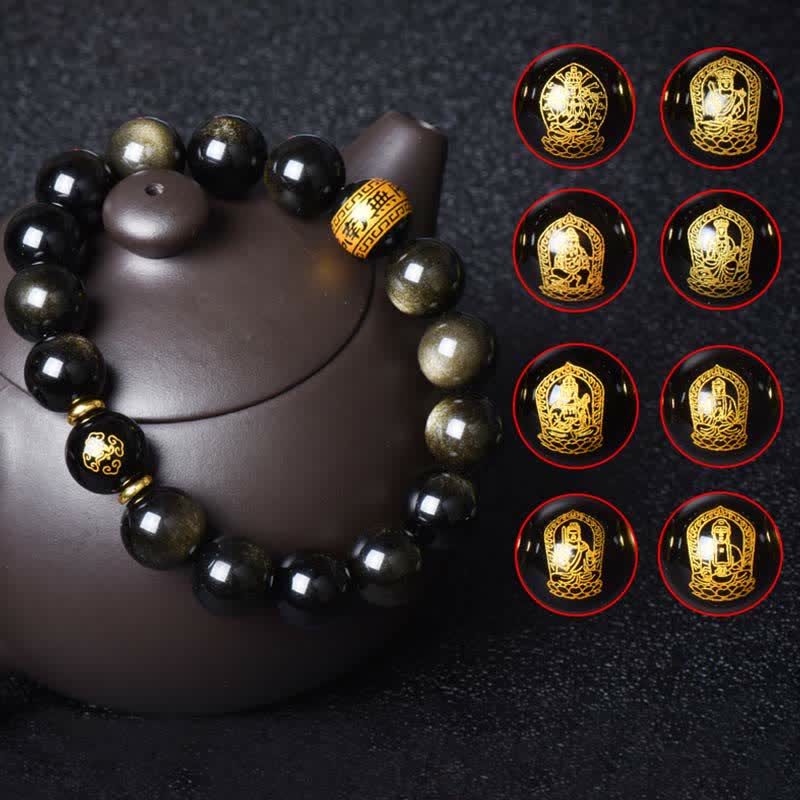 Nimara Ritual Chinese Zodiac Natal Buddha Gold Sheen Obsidian Wealth Protection Bracelet