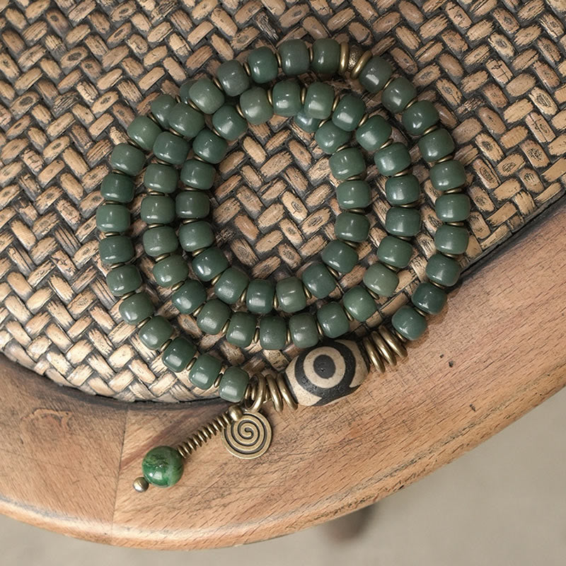Nimara Ritual Cyan Bodhi Seed Dzi Bead Wisdom Peace Triple Wrap Bracelet
