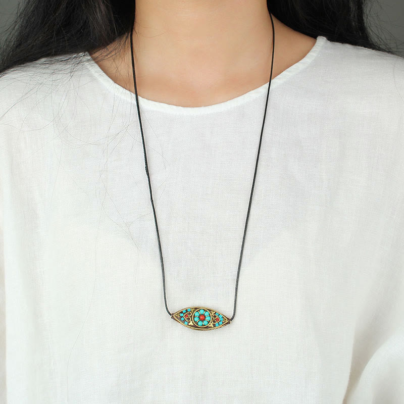 Nimara Ritual Tibet Turquoise Bead Marquise Pattern Protection Strength Necklace Pendant
