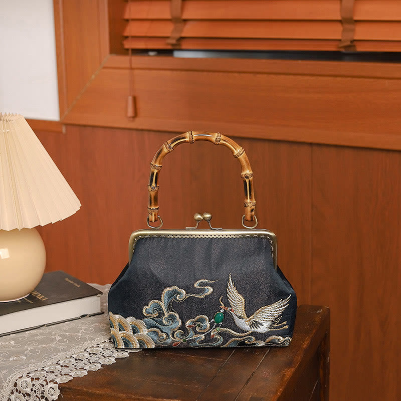 Nimara Ritual Auspicious Clouds Cranes Embroidery Bamboo Handle Handbag Crossbody Bag
