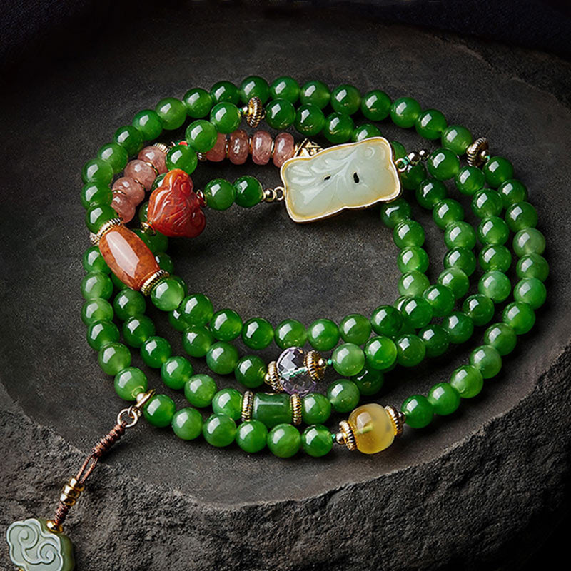 Nimara Ritual 108 Mala Beads Cyan Jade Red Agate Laughing Buddha Luck Bracelet