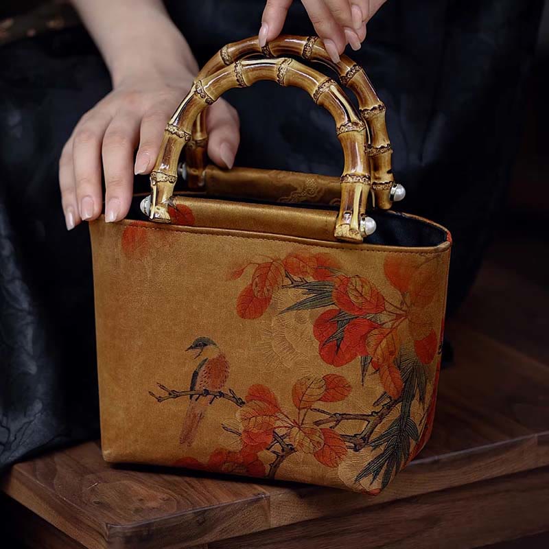 Nimara Ritual Yellow Bird Branches Green Peony Flower Bamboo Handles Handbag